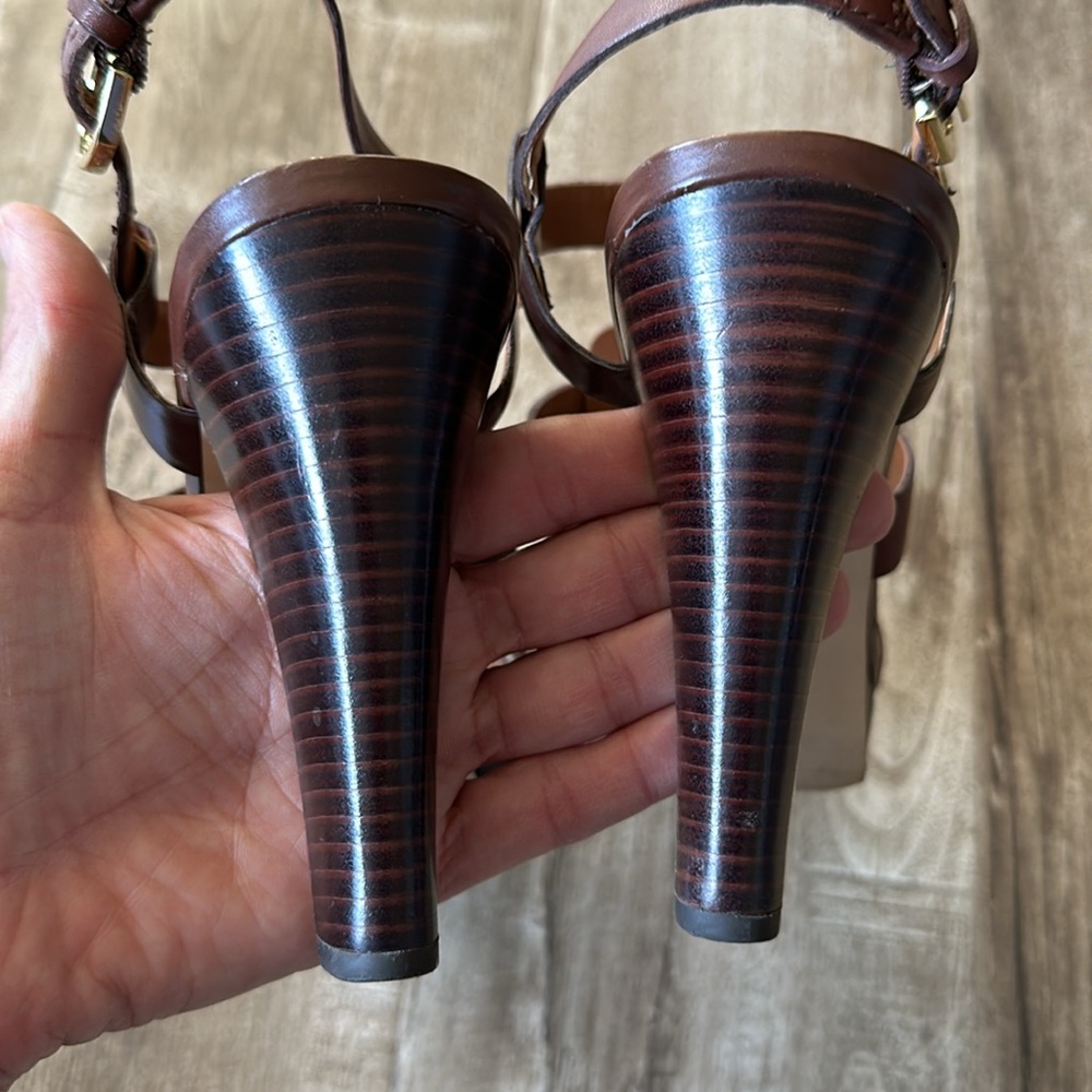4.5” Stacked Wood Platform Leather Franco Sarto Betsy Chestnut Strappy Heels 9 - Picture 8 of 16